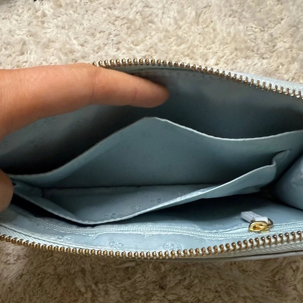 Tory Burch Sky Blue Britten Large Zip Pouch Wristlet with Gold Logo